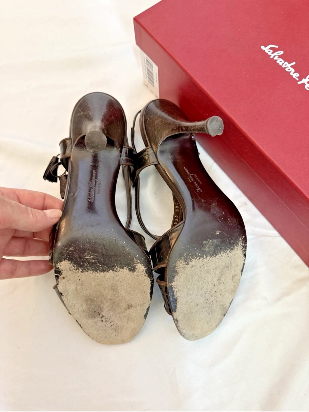 Salvatore Ferragamo Brown Embossed Leather Sandal Heels - Size 9 B - Picture 8 of 8